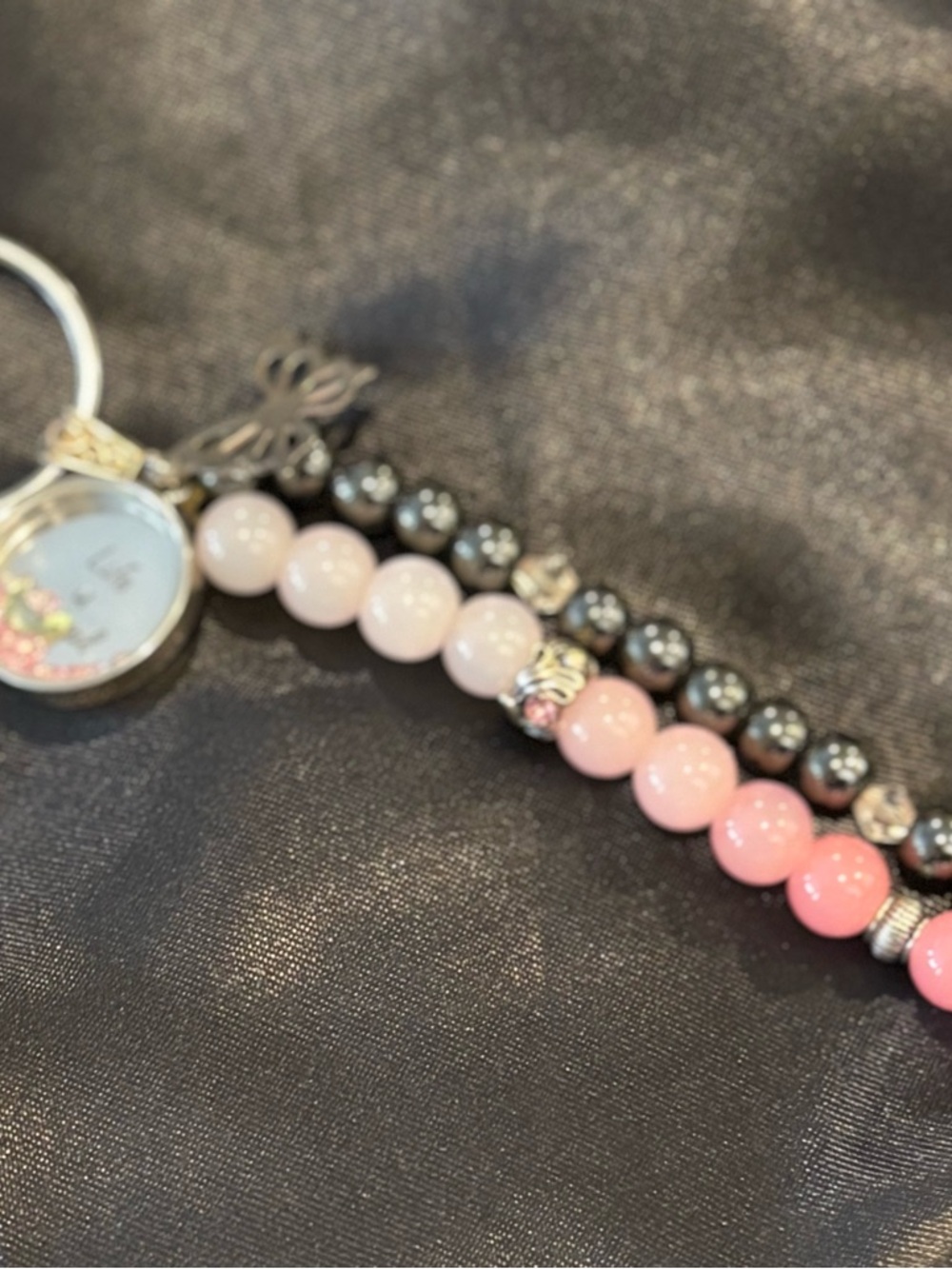 Beaded Pink and Gray Charm Bracelet Keyring